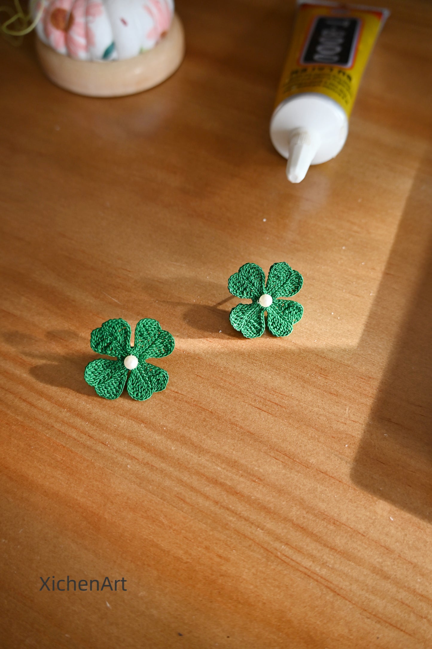 micro crochet delicate four-leaf clover earrings