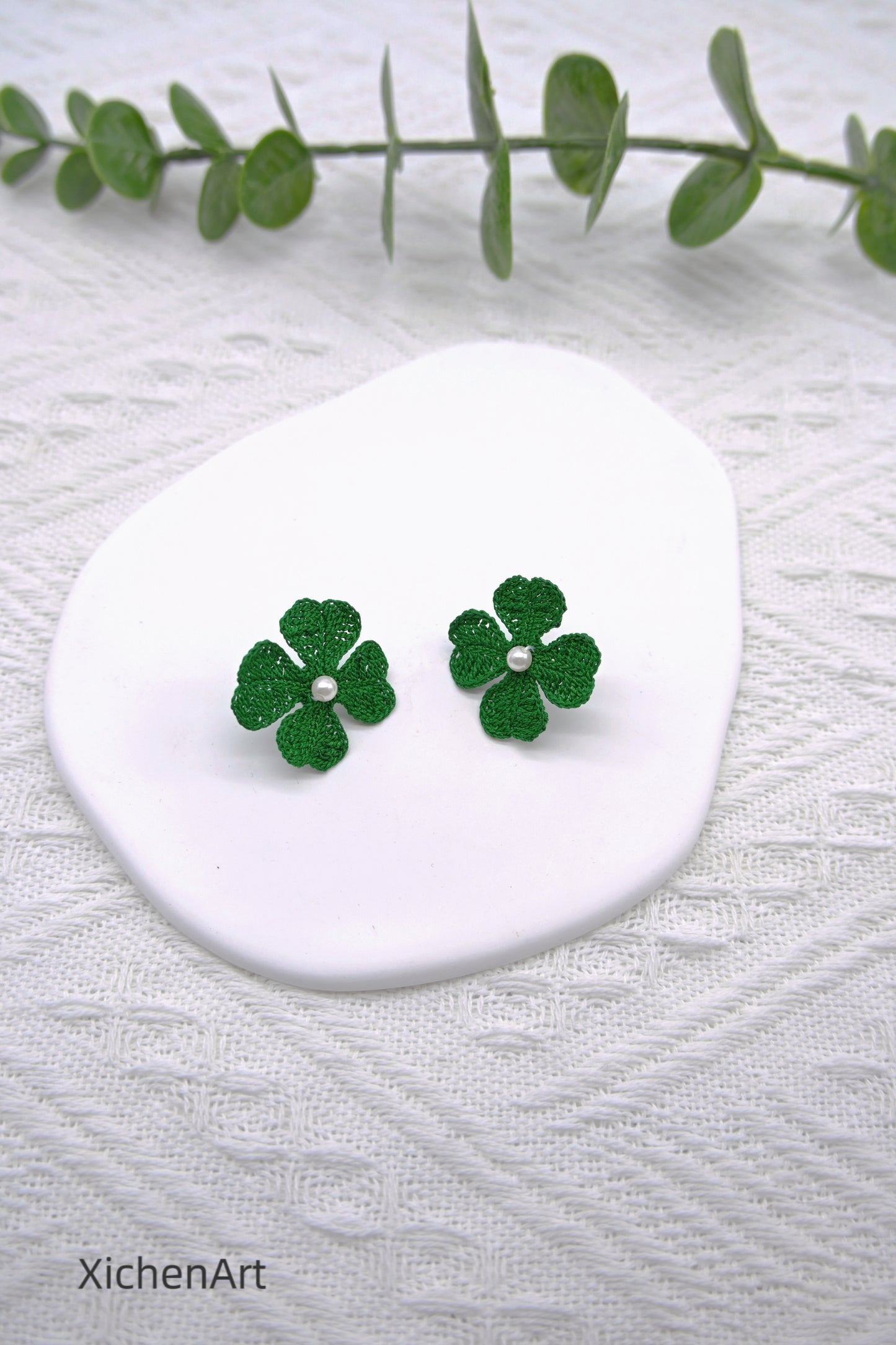 micro crochet delicate four-leaf clover earrings