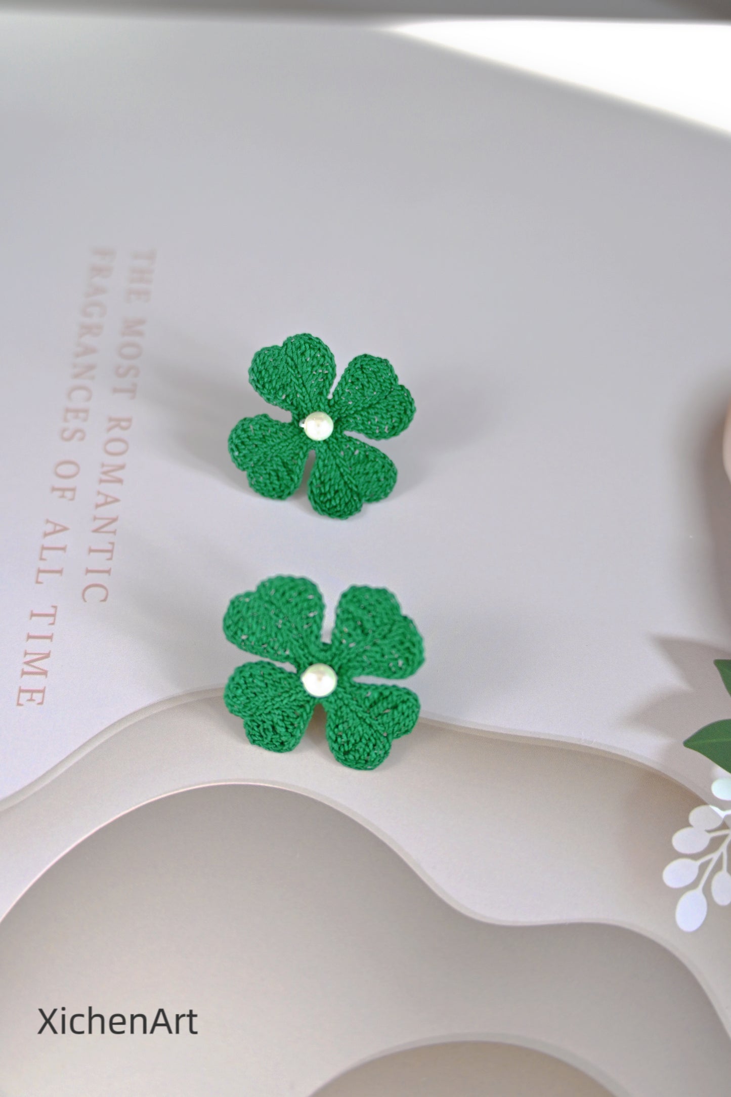 micro crochet delicate four-leaf clover earrings