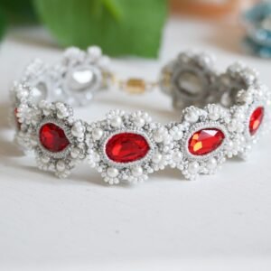 Hand-tatted silver lace bracelet with ruby red gemstones and pearls by XichenArt